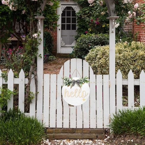 Hello Front Door Decorative Wooden Round Hello Wreath Sign With Delicate Bow for Farmhouse, Porch Door Window Wall Wooden Hanging Sign Rustic Outdoor Interior Decoration, 12 X 12 Inches in Kuwait