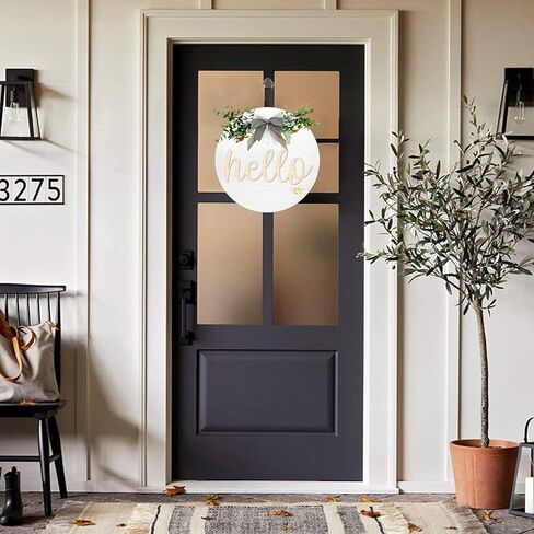 Hello Front Door Decorative Wooden Round Hello Wreath Sign With Delicate Bow for Farmhouse, Porch Door Window Wall Wooden Hanging Sign Rustic Outdoor Interior Decoration, 12 X 12 Inches in Kuwait
