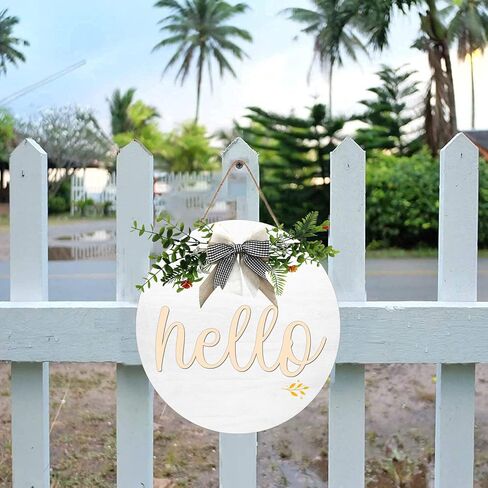 Hello Front Door Decorative Wooden Round Hello Wreath Sign With Delicate Bow for Farmhouse, Porch Door Window Wall Wooden Hanging Sign Rustic Outdoor Interior Decoration, 12 X 12 Inches in Kuwait