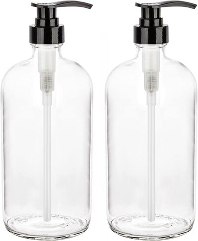kitchentoolz 32-Ounce Pump Bottles, Large Clear Glass Boston Round Bottles w/Black Pumps. Great for Lotions, Laundry Soap Detergent, Oils, Sauces - Food Safe and Medical Grade (Pack of 2) in Saudi Arabia