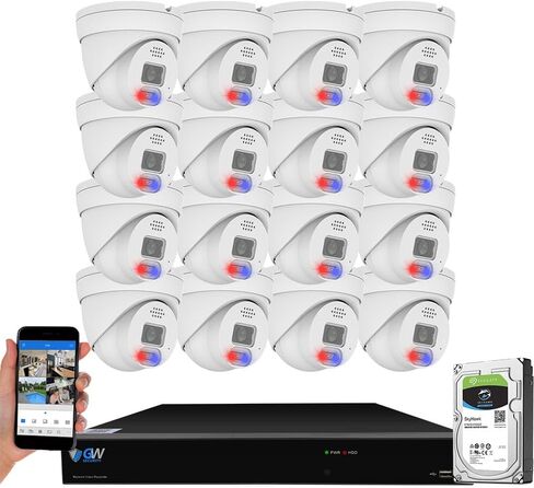 GW Security 16 قناة 4K 12MP NVR H.265+ 8MP نظام كاميرا أمان للرؤية الليلية بالألوان الكاملة مع 16 × 8 ميجابكسل IP ثنائي الاتجاه أضواء إنذار صوتي PoE Dome Security Cameras، كشف الإنسان والمركبات بالذكاء الاصطناعي in Saudi Arabia