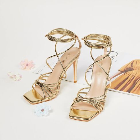 Elisabet Tang Women Strappy Heeled Sandals Lace Up 4 Inch Stilettos Square Open Toe High Heels Ankle Strap for Prom Party Evening in Saudi Arabia