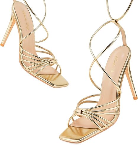Elisabet Tang Women Strappy Heeled Sandals Lace Up 4 Inch Stilettos Square Open Toe High Heels Ankle Strap for Prom Party Evening in Saudi Arabia