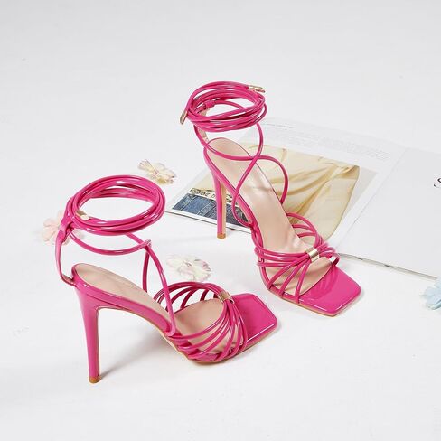 Elisabet Tang Women Strappy Heeled Sandals Lace Up 4 Inch Stilettos Square Open Toe High Heels Ankle Strap for Prom Party Evening in Saudi Arabia