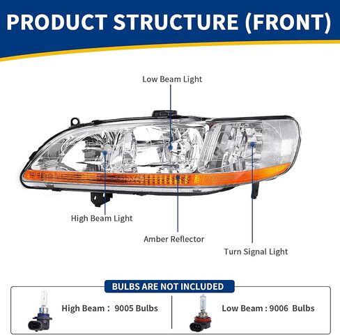 AUTOSAVER88 Headlight Assembly Compatible with 1998 1999 2000 2001 2002 Accord Headlamp Replacement Chrome Housing Amber Reflector in Saudi Arabia