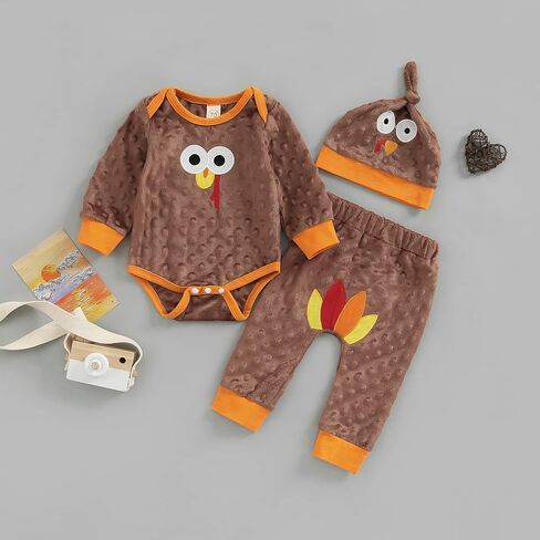 Kayotuas My First Thanksgiving Baby Girl Boy Outfit Long Sleeve Romper Bodysuit Tops Turkey Pants Headband Clothes Set in Saudi Arabia