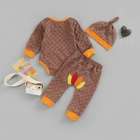 Kayotuas My First Thanksgiving Baby Girl Boy Outfit Long Sleeve Romper Bodysuit Tops Turkey Pants Headband Clothes Set in Saudi Arabia
