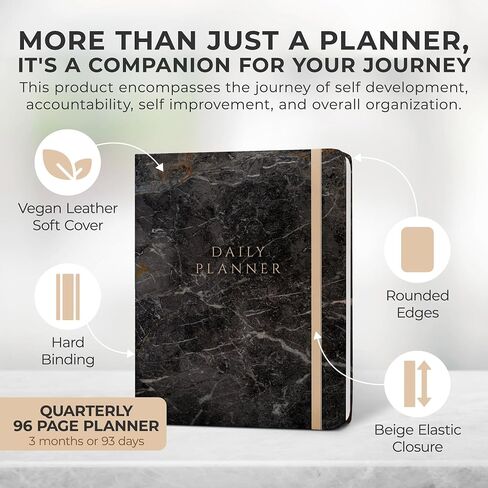 Black Marble Vegan Leather Daily Planner 2024, A5 Quarterly Notebook Planner for Work Tasks Office Academic Scheduling Business and Productivity, Planner with Bookmark Calendar and Checklist, Granite in Saudi Arabia