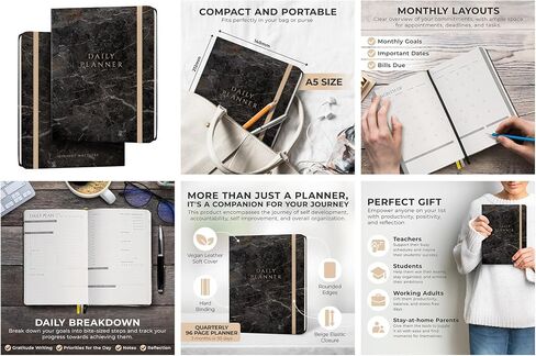 Black Marble Vegan Leather Daily Planner 2024, A5 Quarterly Notebook Planner for Work Tasks Office Academic Scheduling Business and Productivity, Planner with Bookmark Calendar and Checklist, Granite in Saudi Arabia