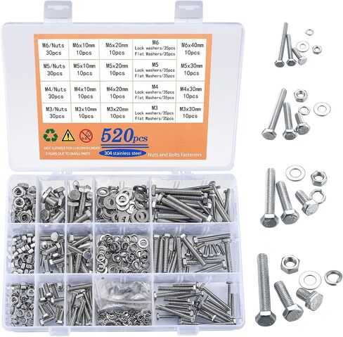 520 Pcs Hex Head Bolts and Nuts and Flat Washers Assortment Kit, M3/M4/M5/M6 Heavy Duty Stainless Steel Fully Threaded Machine Screws and Nuts Bolts and Washers Kit(520 Silver) in Saudi Arabia