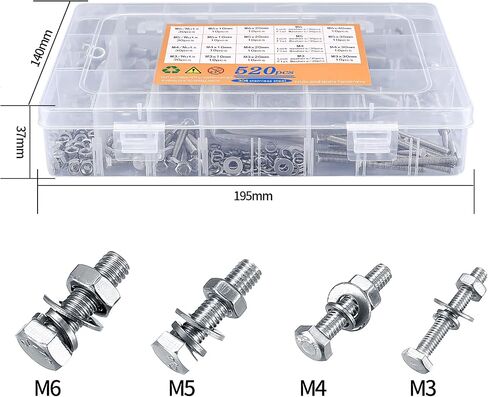 520 Pcs Hex Head Bolts and Nuts and Flat Washers Assortment Kit, M3/M4/M5/M6 Heavy Duty Stainless Steel Fully Threaded Machine Screws and Nuts Bolts and Washers Kit(520 Silver) in Saudi Arabia