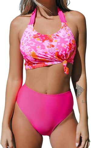 CUPSHE Women's Bikini Sets High Waisted Bathing Suit Halter Knot Front Swimwear in Saudi Arabia