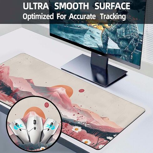 لوحة ماوس XXL، زهور الفاوانيا الوردية وأوراق الأوكالبتوس الخضراء وسجادة مكتب كبيرة لسطح المكتب، لوحة ماوس كبيرة ممتدة للألعاب مع قاعدة مطاطية غير قابلة للانزلاق وحواف مخيطة للمكتب المنزلي 35.4 بوصة × 15.7 بوصة in Kuwait