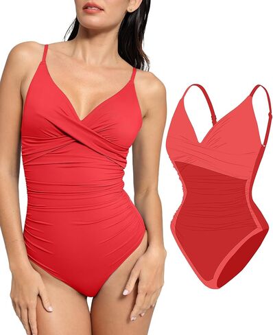 ملابس السباحة Popilush The Shapewear من قطعة واحدة للتحكم في البطن ورقبة على شكل حرف V مكشكشة وبدلات استحمام مبطنة in Kuwait