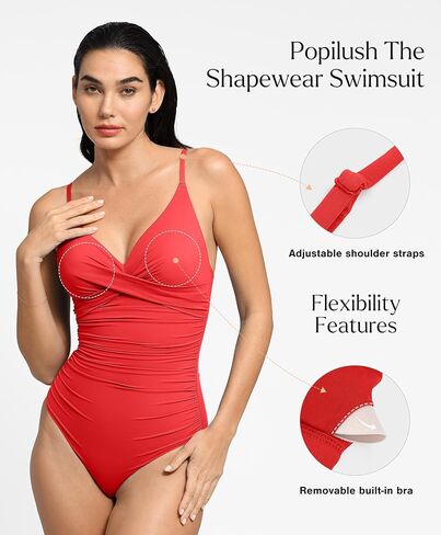 ملابس السباحة Popilush The Shapewear من قطعة واحدة للتحكم في البطن ورقبة على شكل حرف V مكشكشة وبدلات استحمام مبطنة in Kuwait