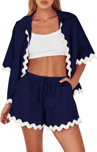 Dokuritu 2 piece Sets for Women Summer Short Sleeve Button Down Linen Top High Waist Shorts Vacation Beach Outfits in Saudi Arabia