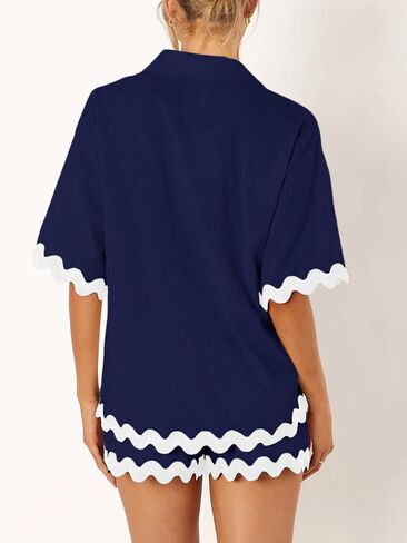 Dokuritu 2 piece Sets for Women Summer Short Sleeve Button Down Linen Top High Waist Shorts Vacation Beach Outfits in Saudi Arabia