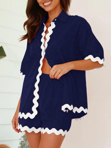 Dokuritu 2 piece Sets for Women Summer Short Sleeve Button Down Linen Top High Waist Shorts Vacation Beach Outfits in Saudi Arabia
