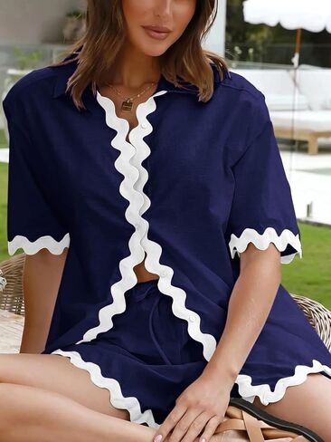 Dokuritu 2 piece Sets for Women Summer Short Sleeve Button Down Linen Top High Waist Shorts Vacation Beach Outfits in Saudi Arabia