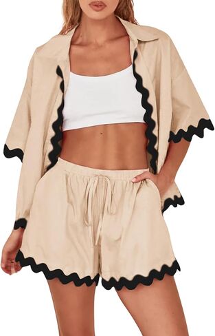 Dokuritu 2 piece Sets for Women Summer Short Sleeve Button Down Linen Top High Waist Shorts Vacation Beach Outfits in Saudi Arabia
