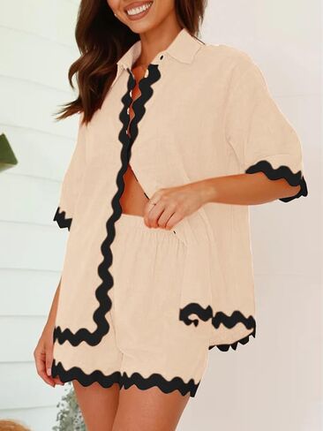 Dokuritu 2 piece Sets for Women Summer Short Sleeve Button Down Linen Top High Waist Shorts Vacation Beach Outfits in Saudi Arabia