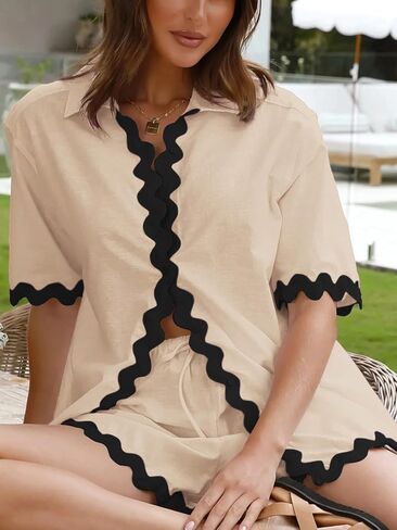 Dokuritu 2 piece Sets for Women Summer Short Sleeve Button Down Linen Top High Waist Shorts Vacation Beach Outfits in Saudi Arabia