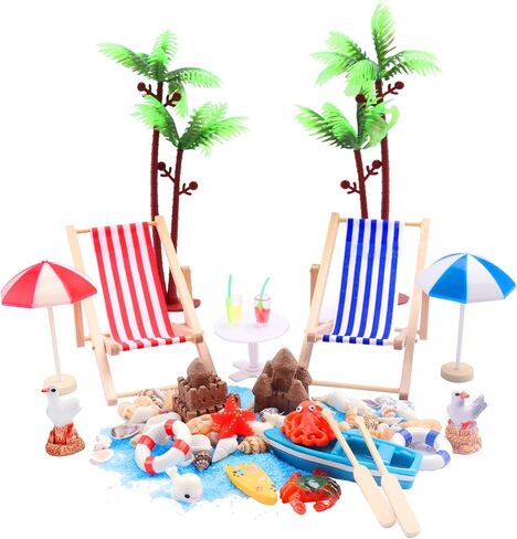 مجموعة تزيين حرفية على شكل شاطئ مصغر مكونة من 26 قطعة - كرسي الشاطئ الرملي الأزرق وأشجار جوز الهند ومظلات الشاطئ وقلعة السلطعون الرملية ومجموعة زينة الشاطئ in Kuwait