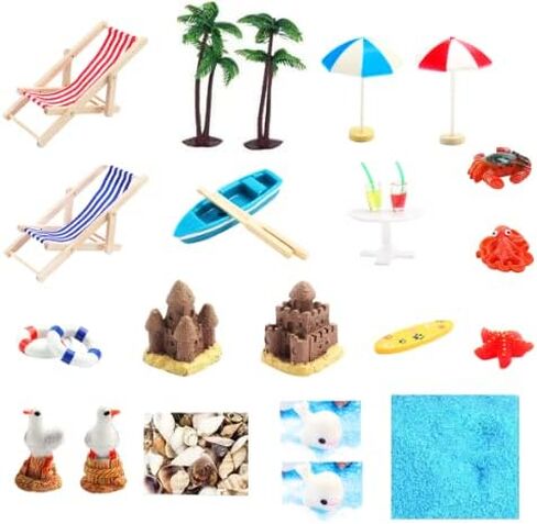 مجموعة تزيين حرفية على شكل شاطئ مصغر مكونة من 26 قطعة - كرسي الشاطئ الرملي الأزرق وأشجار جوز الهند ومظلات الشاطئ وقلعة السلطعون الرملية ومجموعة زينة الشاطئ in Kuwait