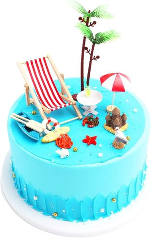 مجموعة تزيين حرفية على شكل شاطئ مصغر مكونة من 26 قطعة - كرسي الشاطئ الرملي الأزرق وأشجار جوز الهند ومظلات الشاطئ وقلعة السلطعون الرملية ومجموعة زينة الشاطئ in Kuwait