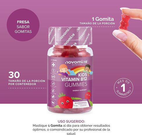 علكة فيتامين ب 12 للأطفال من نوفومين - مكمل لدعم الطاقة والتمثيل الغذائي - 30 مكملاً مركبًا قابلاً للمضغ للأطفال - نباتي، غير معدّل وراثيًا - غني بفيتامين C، B1، B2، B6، البيوتين - مصنوع in Kuwait