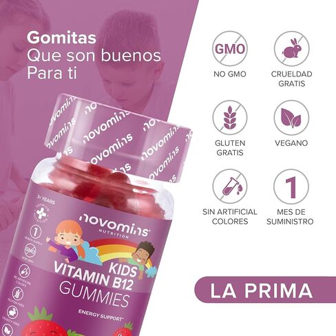 علكة فيتامين ب 12 للأطفال من نوفومين - مكمل لدعم الطاقة والتمثيل الغذائي - 30 مكملاً مركبًا قابلاً للمضغ للأطفال - نباتي، غير معدّل وراثيًا - غني بفيتامين C، B1، B2، B6، البيوتين - مصنوع in Kuwait