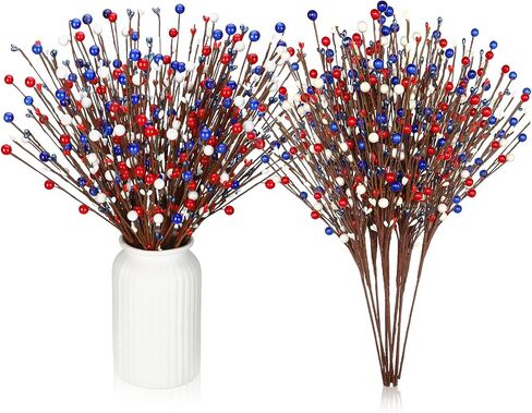 Cindeer 10 Pcs 4th of July Artificial Berry Stems Patriotic Day Artificial Berry Stem Spray Pick Memorial Day 16.14 Inch Red White Blue Berry Fruit Floral Bunch for Home Festival Office Decorations in Saudi Arabia