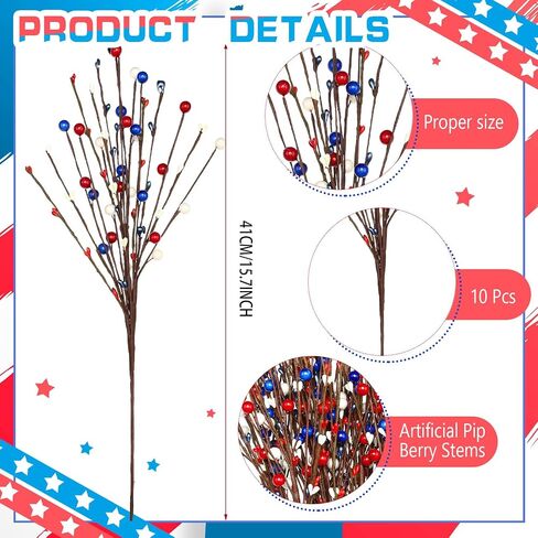 Cindeer 10 Pcs 4th of July Artificial Berry Stems Patriotic Day Artificial Berry Stem Spray Pick Memorial Day 16.14 Inch Red White Blue Berry Fruit Floral Bunch for Home Festival Office Decorations in Saudi Arabia