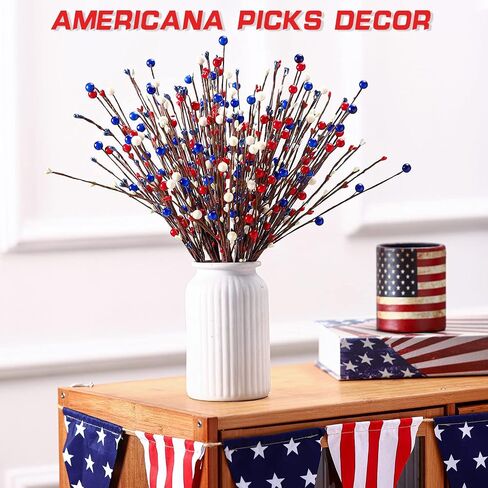 Cindeer 10 Pcs 4th of July Artificial Berry Stems Patriotic Day Artificial Berry Stem Spray Pick Memorial Day 16.14 Inch Red White Blue Berry Fruit Floral Bunch for Home Festival Office Decorations in Saudi Arabia