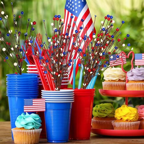 Cindeer 10 Pcs 4th of July Artificial Berry Stems Patriotic Day Artificial Berry Stem Spray Pick Memorial Day 16.14 Inch Red White Blue Berry Fruit Floral Bunch for Home Festival Office Decorations in Saudi Arabia