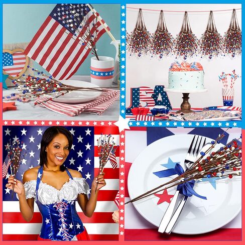 Cindeer 10 Pcs 4th of July Artificial Berry Stems Patriotic Day Artificial Berry Stem Spray Pick Memorial Day 16.14 Inch Red White Blue Berry Fruit Floral Bunch for Home Festival Office Decorations in Saudi Arabia