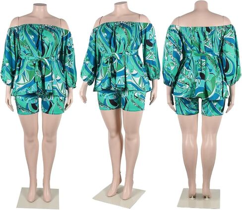 Womens 2 Piece Summer Fashion Print Off shoulder Shorts Sets with Belt in Saudi Arabia