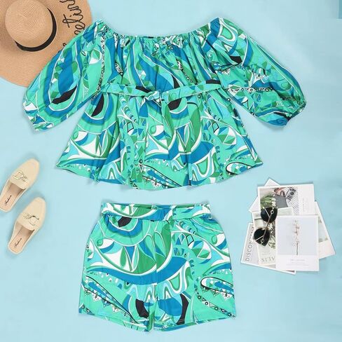 Womens 2 Piece Summer Fashion Print Off shoulder Shorts Sets with Belt in Saudi Arabia