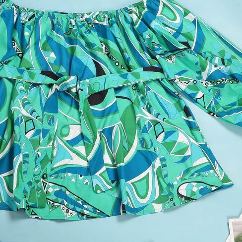 Womens 2 Piece Summer Fashion Print Off shoulder Shorts Sets with Belt in Saudi Arabia