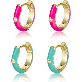Enamel Earrings for Women, 18K Gold Plated Enamel Hoop Earrings Colorful Gold Huggie Hoop Earrings for Women-10mm