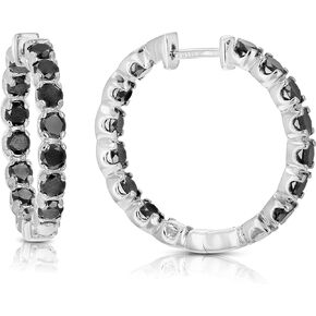 4 cttw Black Diamond Hoop Earrings in .925 Sterling Silver with Rhodium 1 Inch
