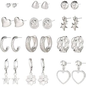 12 Pairs Gold Hoop Earrings Set for Women Multipack, Boho Fashion Statement Stud hoops Earring Packs Hypoallergenic Dainty Heart Flower Sun Star Shaped Assorted Dangle Earrings Jewelry for Gift