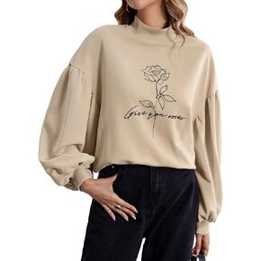 WDIRARA Women's Floral Letter Graphic Mock Neck Bishop Long Sleeve Pullover Oversized Sweatshirt