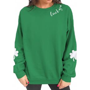 KEKEMI Women St Patricks Day Sweatshirts Lucky Shamrock Long Sleeve Shirt Crewneck Irish Clover Print Oversized Pullover Tops