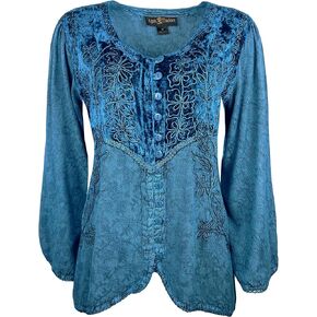 Womens Bohemian Exotic Velvet Trim or Rayon Embroidered Front Button Down Long/Short Sleeve Tunic Blouse Top