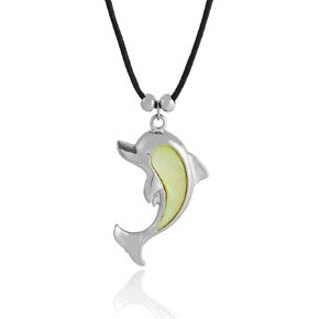 Barch Young Blue Abalone Paua Dolphin Pendant Necklace with Stainless Steel Chain and Wax Leather Cord for Gift Jewelry