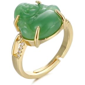 COLORFUL BLING 18k Gold Plated Laughing Buddha Ring Green Jade Cubic Zirconia Gemstone Open Cuff Adjustable Lucky Amulet Jewelry for Women Men