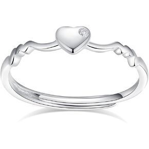 LavieLamour Heart rings Love Cubic Zirconia Promise Wave Thin Simple Adjustable Wrap Open Stacking Rings for Women Girl, Silver Plated