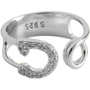 N+A Crystal Open Band Ring for Women Girls 925 Sterling Silver Minimalist Expandable Statement Stackable Paperclip Safety Pin Toe Knuckle Eternity Rings Fashion Dainty Cute Jewelry Gift