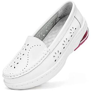 MaxMuxun Women's Non Slip Nursing Shoes Leather Comfortable Slip on Flat Shoes Loafers for Restaurant Work Shoes